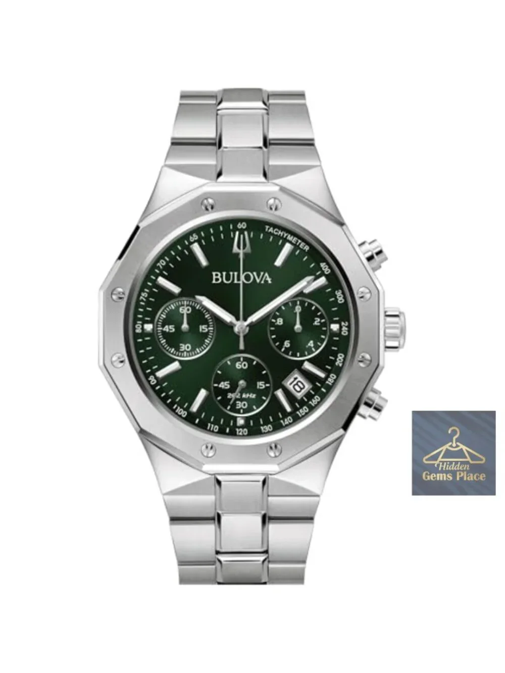Men's Classic 6-Hand Chronograph Stainless Steel Watch with Green Dial and